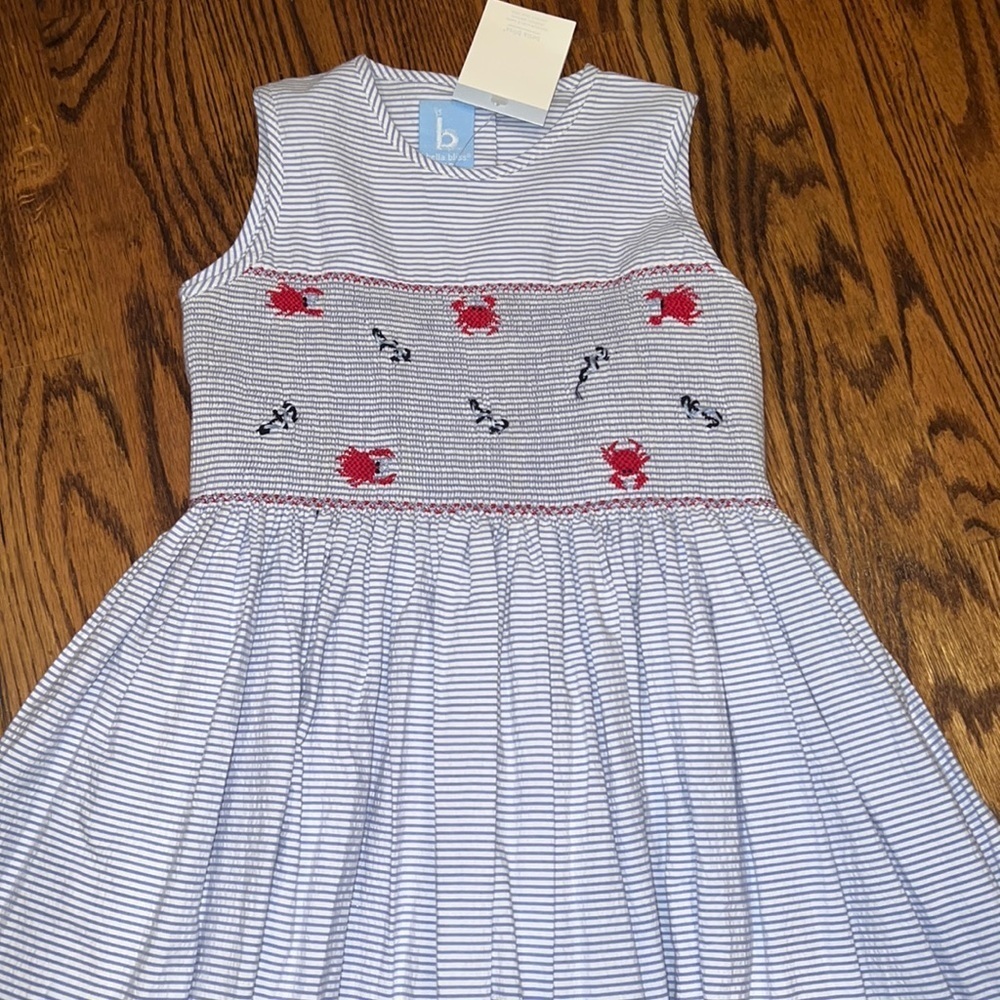 Bella Bliss girls seersucker smocked dress with embroidered anchors & crabs NWT